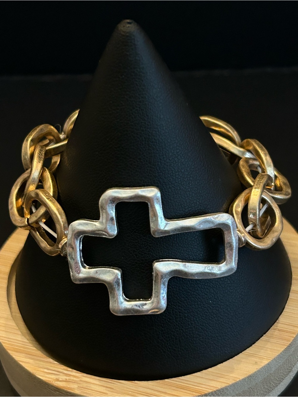 Two-Tone Cross Link Stretch Bracelet — Gold and Silver Accent